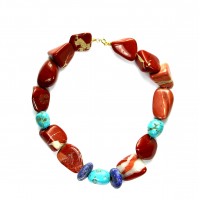 Exklusive Schmuckkette aus Jaspis, Lapislazuli, Türkis, barock und Rondellen, 22 mm, Länge 42 cm