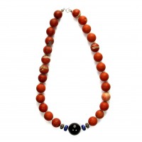 Exklusive Schmuckkette aus Jaspis rot, Lapislazuli, Onyx, zwischenstück Silber, Kugeln, 14 mm - 18 mm, Länge 48 cm