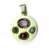 Fortuna Anhänger 27 mm in Silber mit Goldfassungen. Vorname graviert. Stein für Sonnenposition, Stein für Aszendent, Stein für Glückspunkt. Mehrseitige Beschreibung.