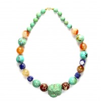 Exklusive Schmuckkette aus Achat, Jaspis rot, Lapislazuli, Türkis, Kugeln, Würfel und Nugget, 12 mm - 34 mm, Länge 55 cm