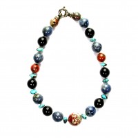 Exklusive Schmuckkette aus Dumortierit, Jaspis rot, Onyx, Rhodonit, Türkis, Kugeln und Rondellen, 12 mm - 20 mm, Länge 42 cm