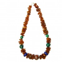 Exklusive Schmuckkette aus Bernstein, Malachit, Azurit, Lapislazuli, roter Jaspis, 14 - 20 mm, Länge 51 cm